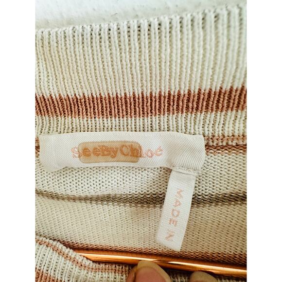 SEE BY CHLOÉ Cream Pink Striped Puff Sleeves Crewneck Sweater Size Medium - Picture 7 of 14